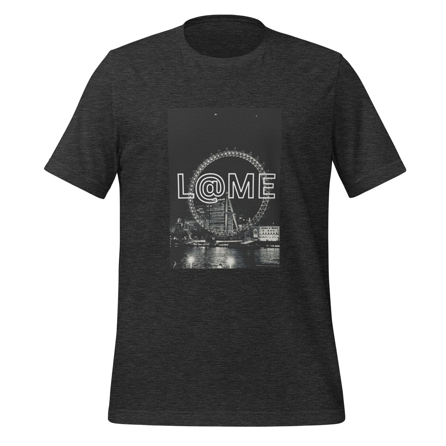 Black-and-white unisex t-shirt featuring the London Eye and L@ME logo design.