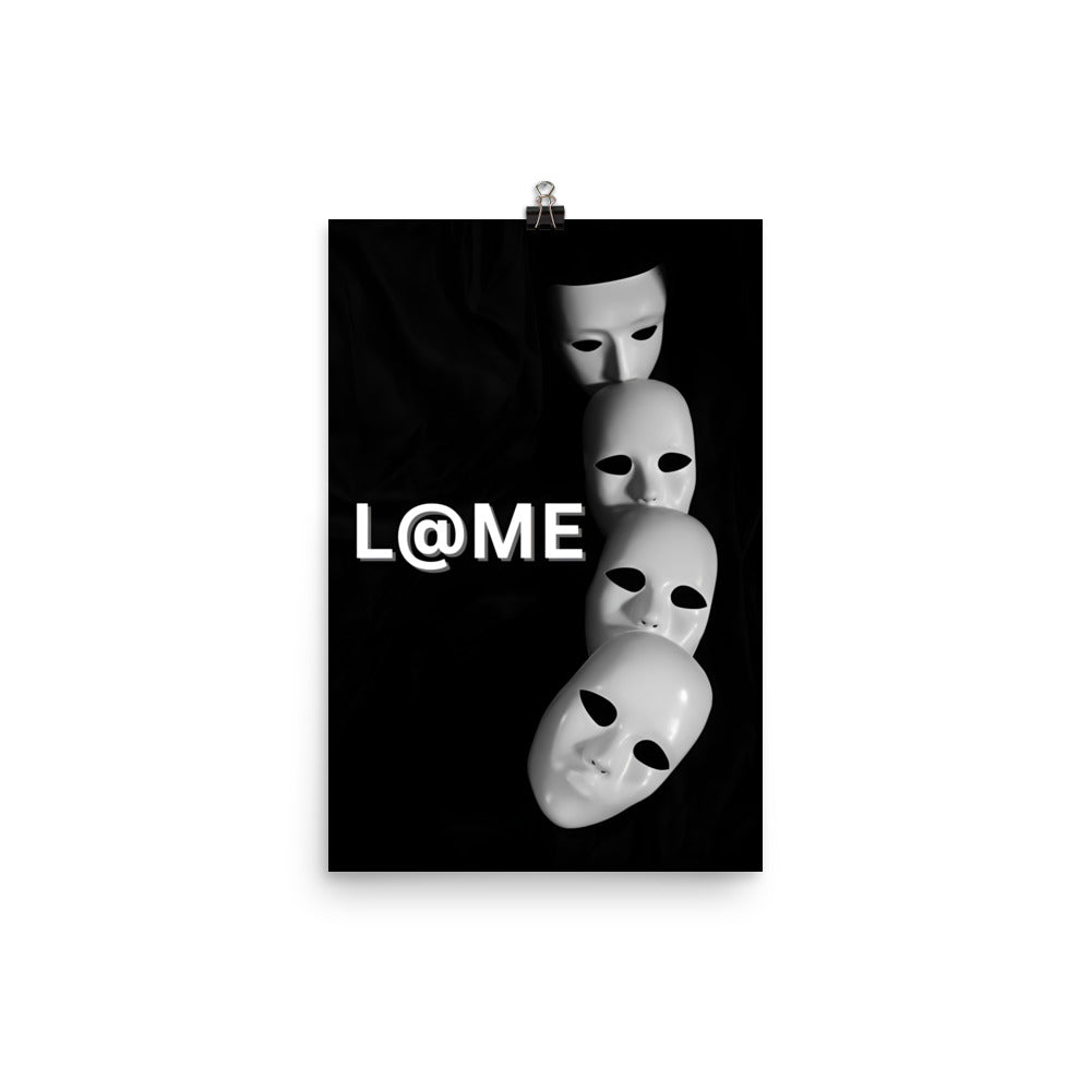 A 12"x18" matte poster featuring a bold, high-contrast design of falling masks.