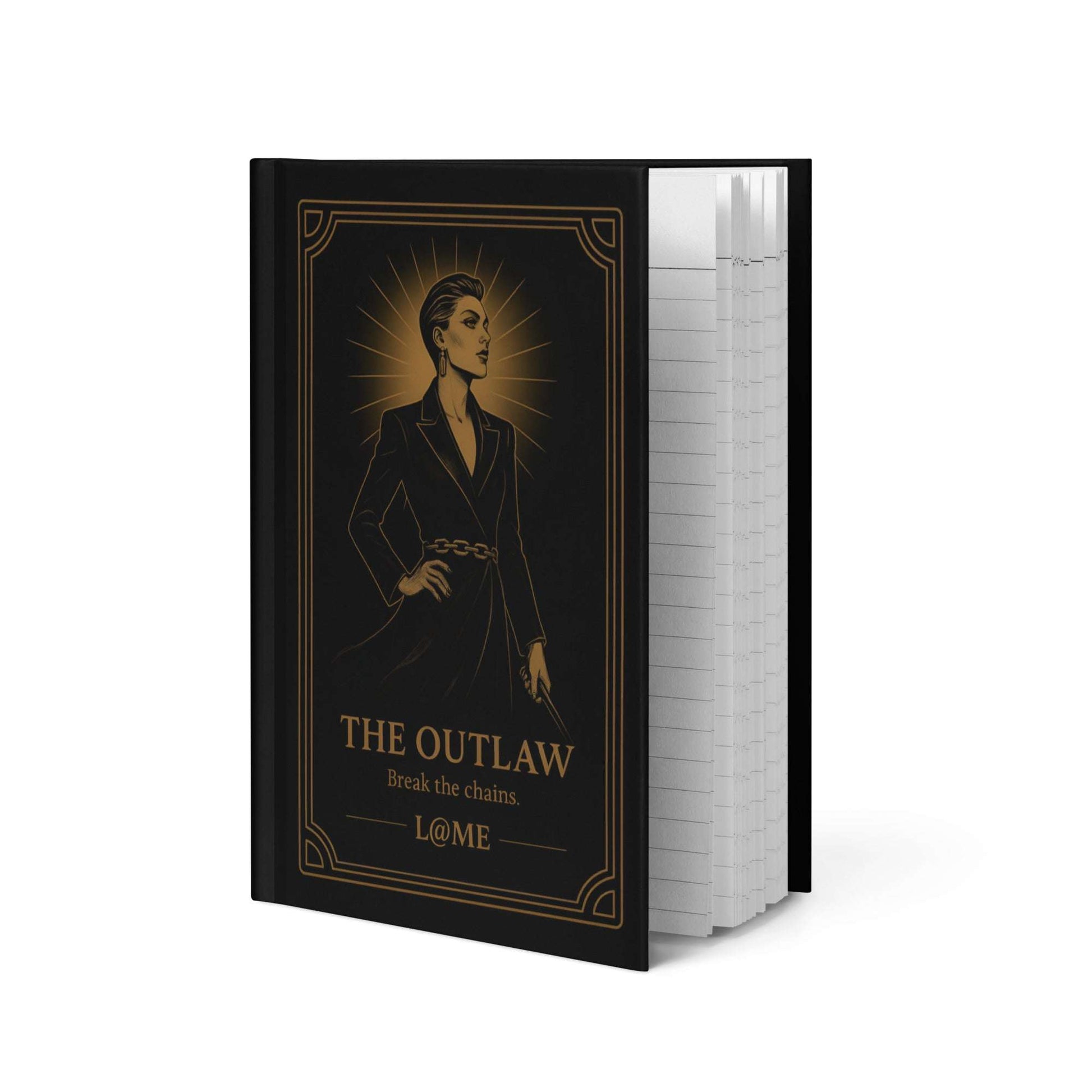 A matte hardcover journal with gold "Outlaw" artwork on a deep black cover and lined pages.