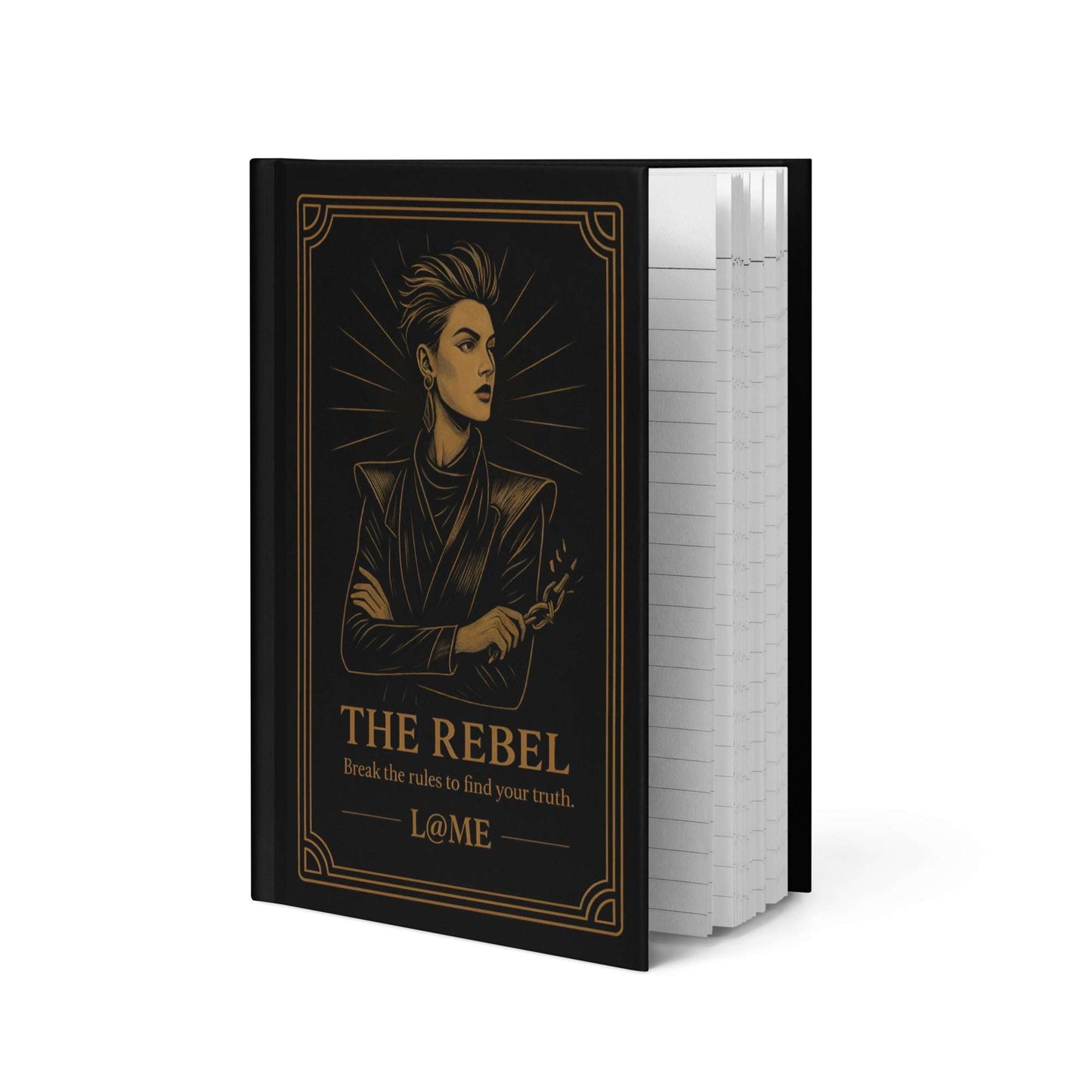 A matte hardcover journal with gold "Rebel" artwork on a deep black cover and lined pages.