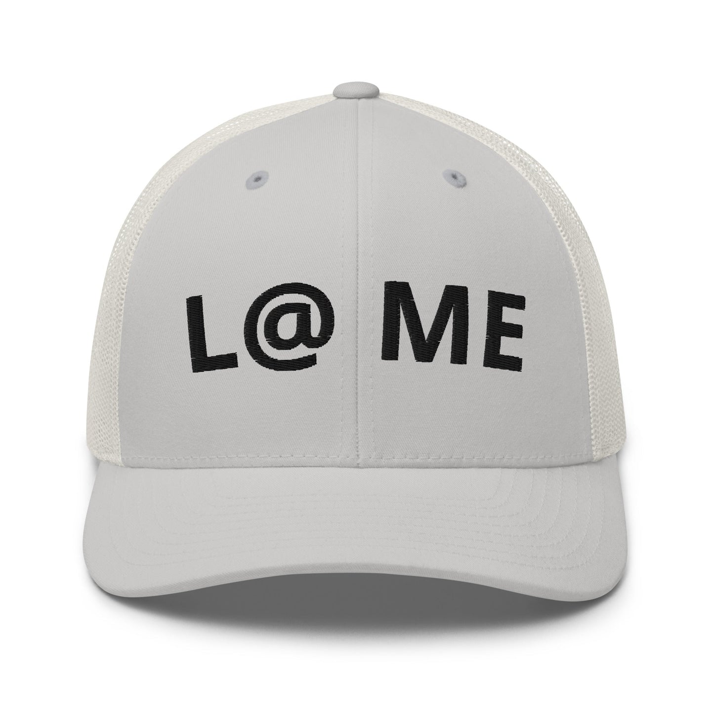 Grey L@ME trucker cap with a structured front panel and breathable mesh back.