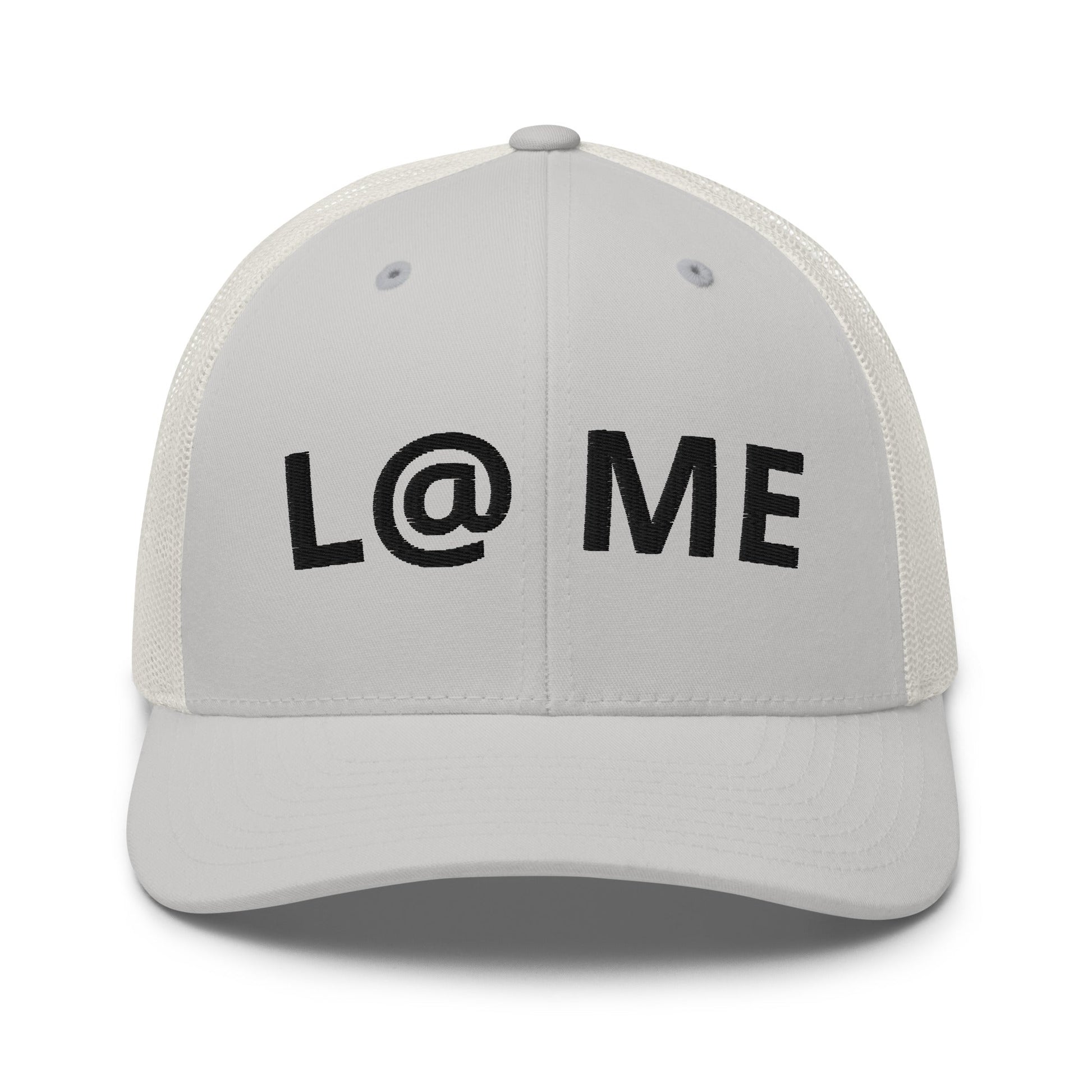 Grey L@ME trucker cap with a structured front panel and breathable mesh back.