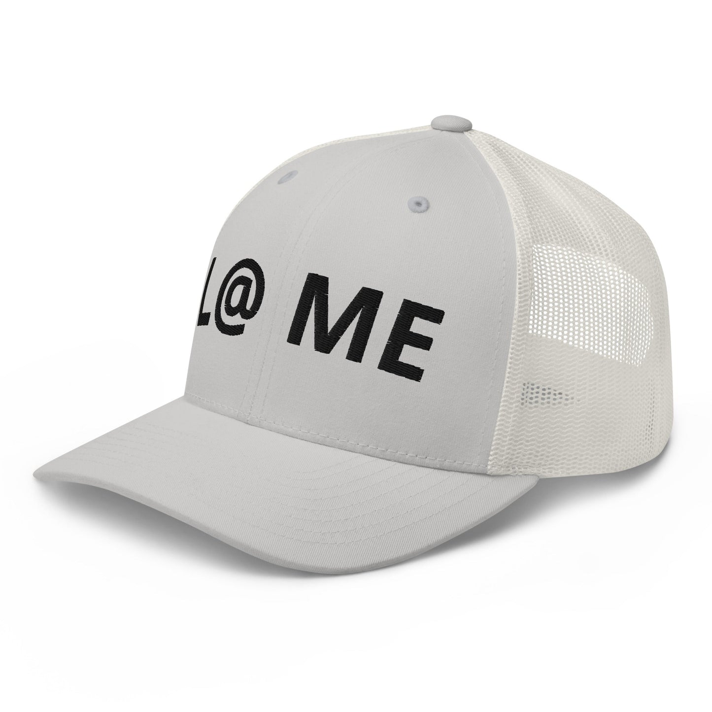 Grey L@ME Trucker Cap featuring a structured front and breathable mesh back.