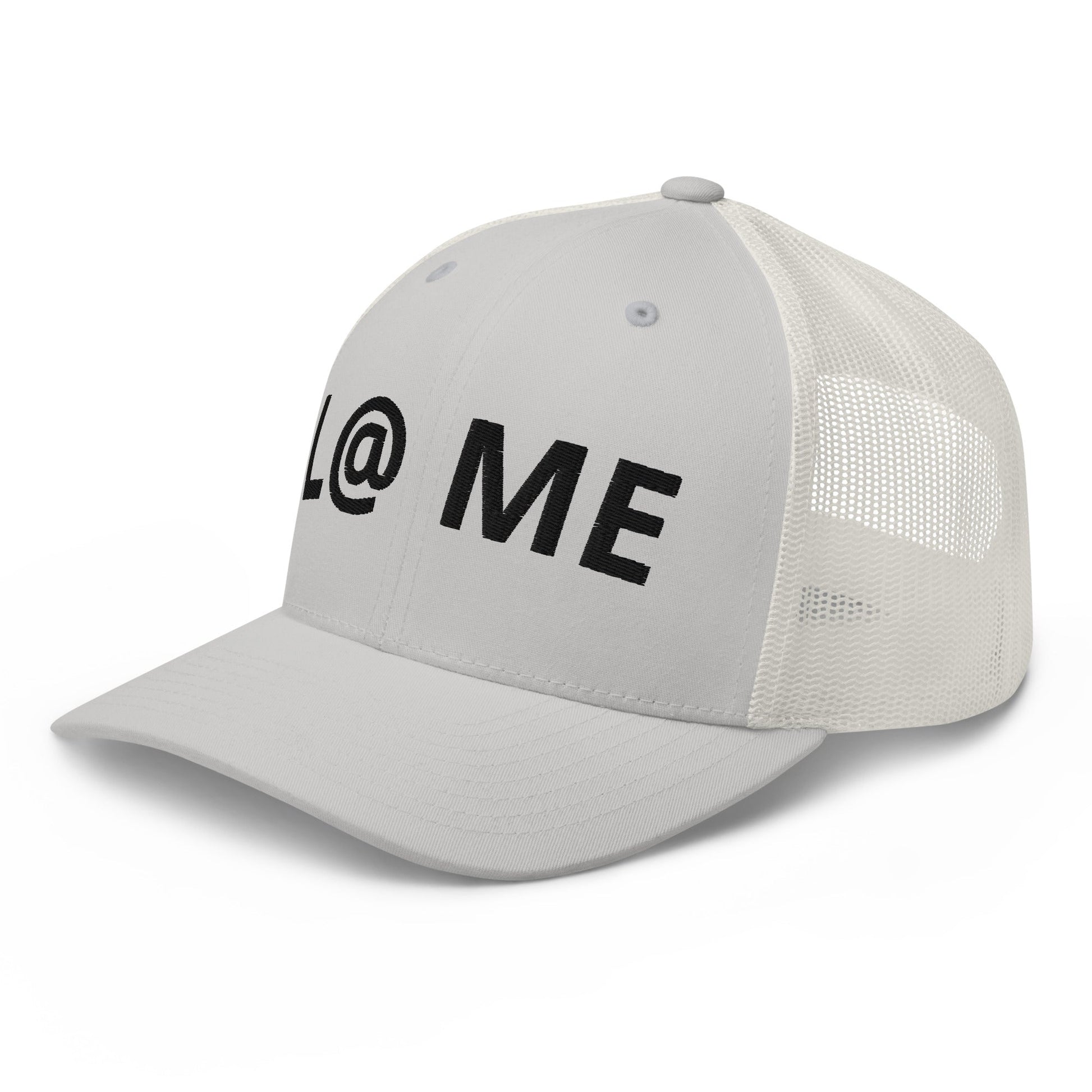 Grey L@ME Trucker Cap featuring a structured front and breathable mesh back.