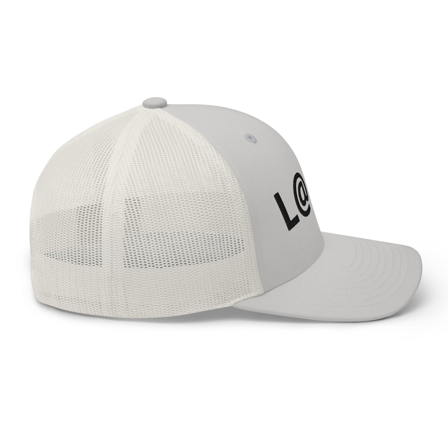 Grey L@ME trucker cap with structured front and breathable mesh back panels