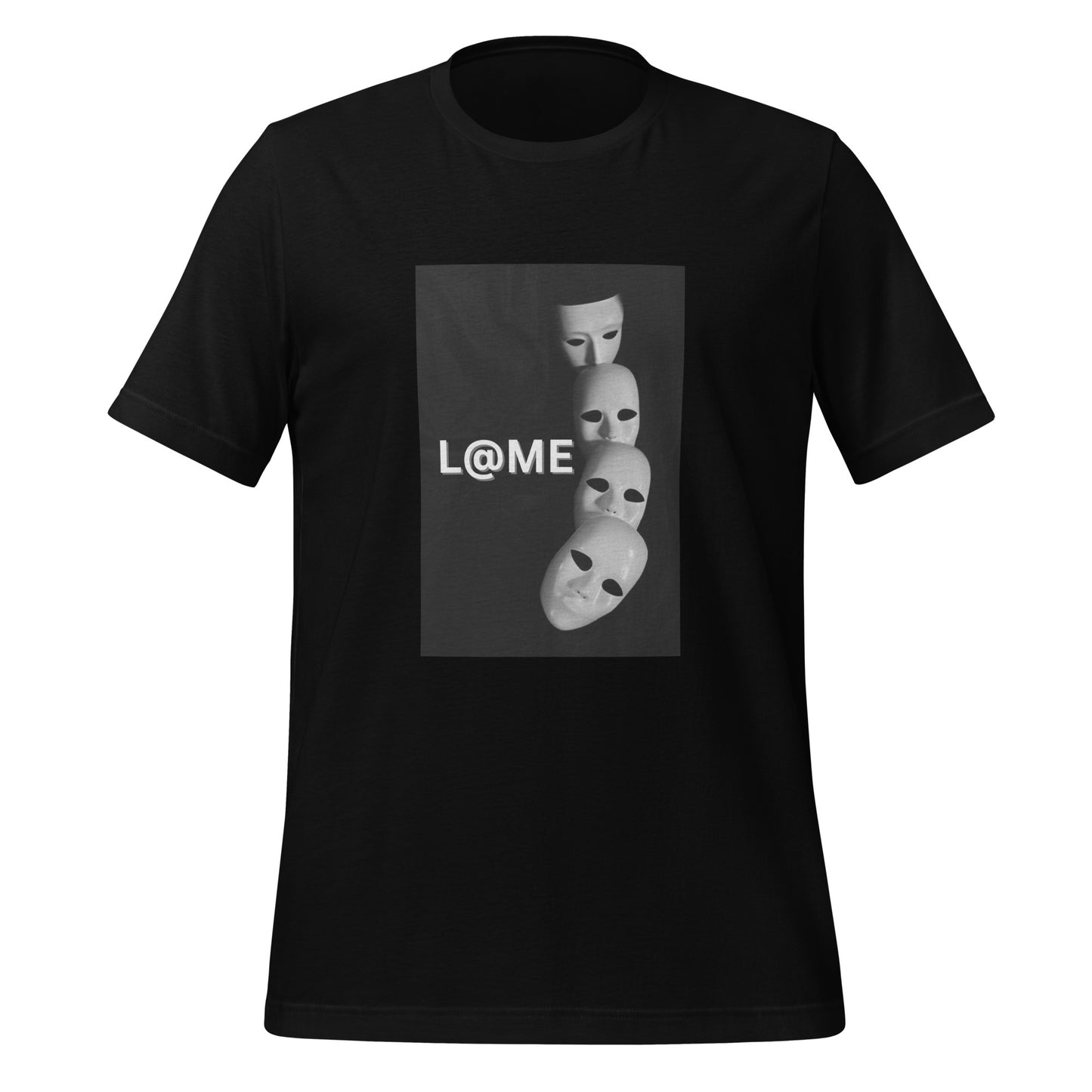 Unisex black T-shirt featuring falling masks on a dark background.