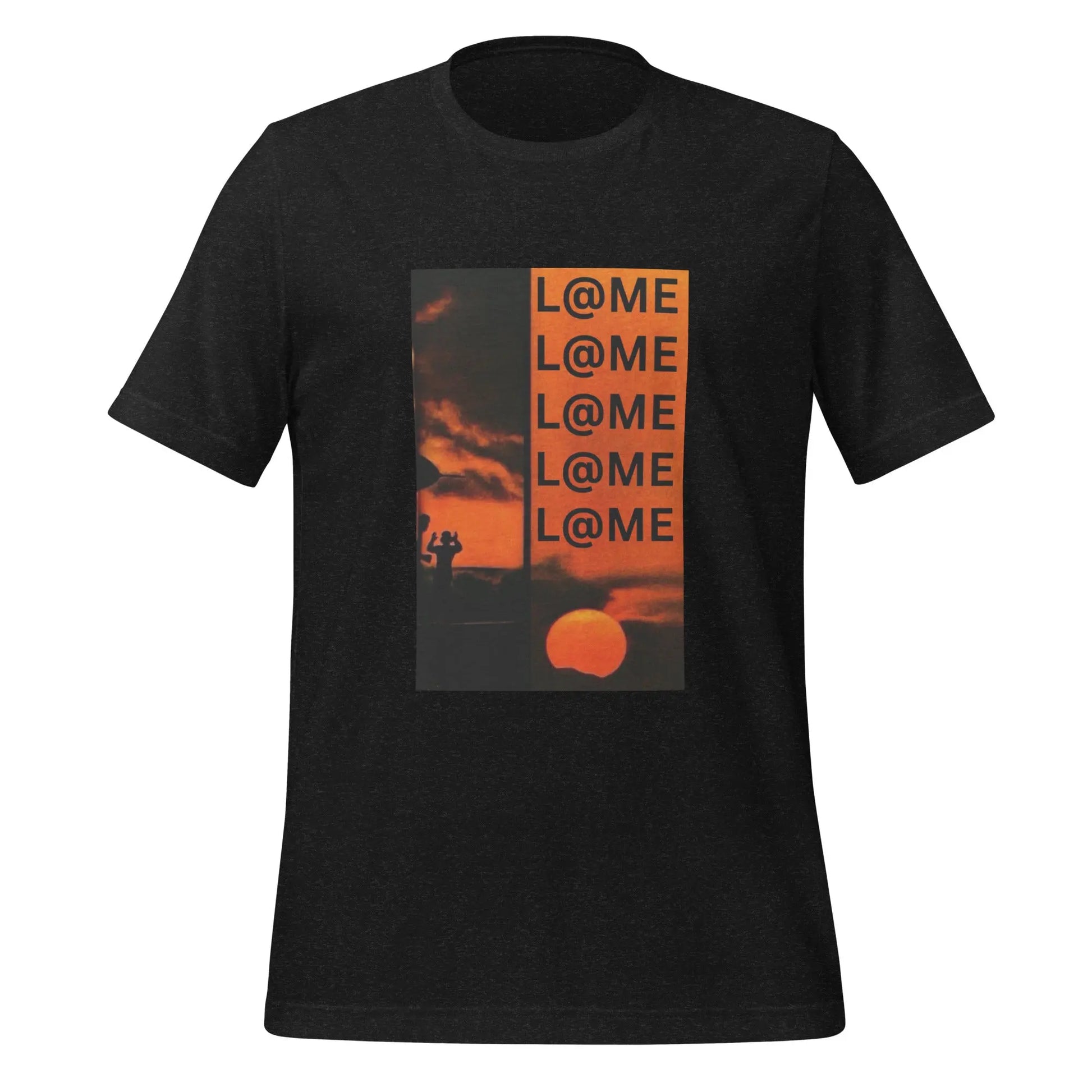Burnt-orange unisex t-shirt featuring a bold stacked logo design.