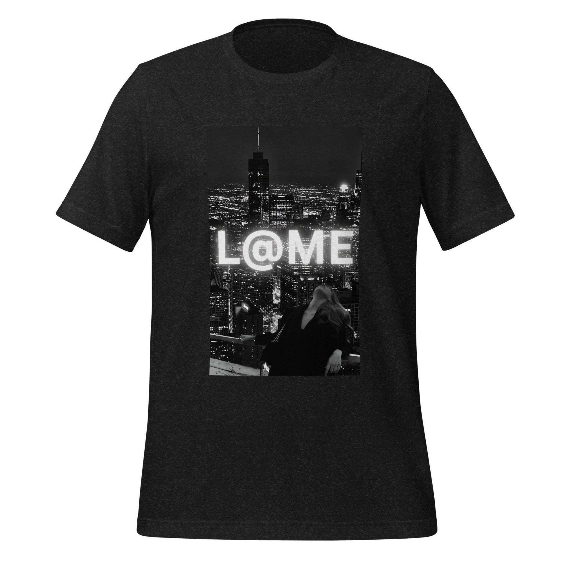 Black L@ME City Lights T-shirt with neon logo and city skyline graphic on front