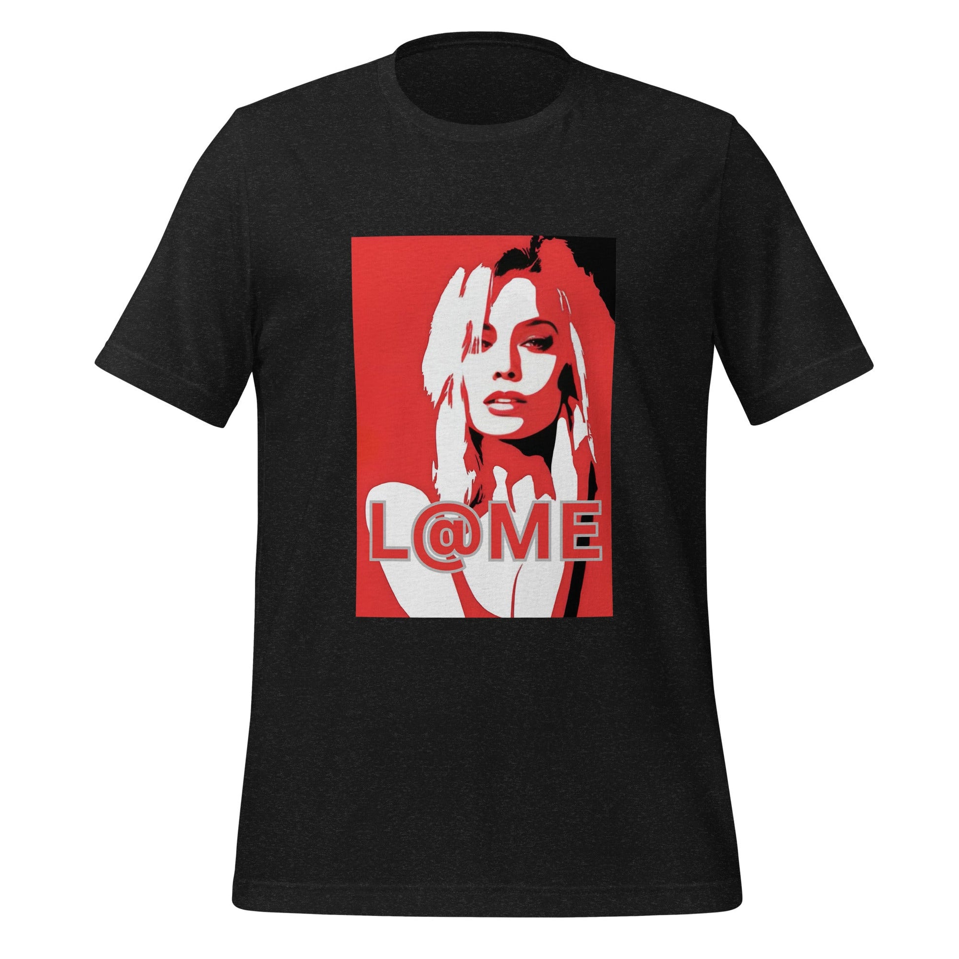 Red T-shirt with white pop-art portrait and L@ME logo on front