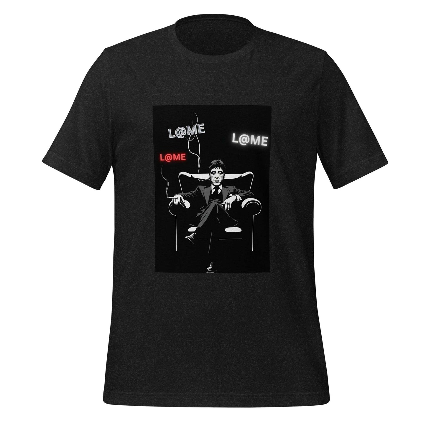Black tee featuring red and white L@ME logos, symbolizing confidence and power.