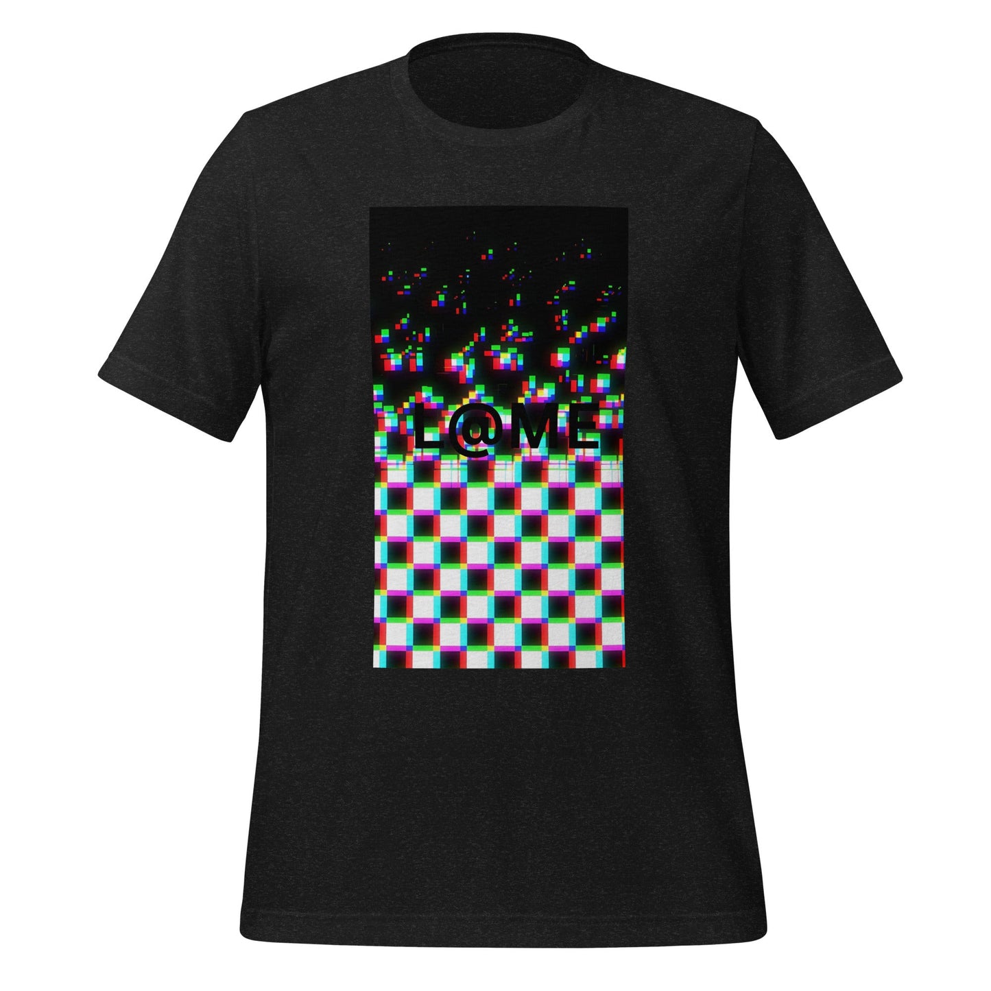 L@ME Static Reality Tee with a warped grid glitch design on a cotton fabric background