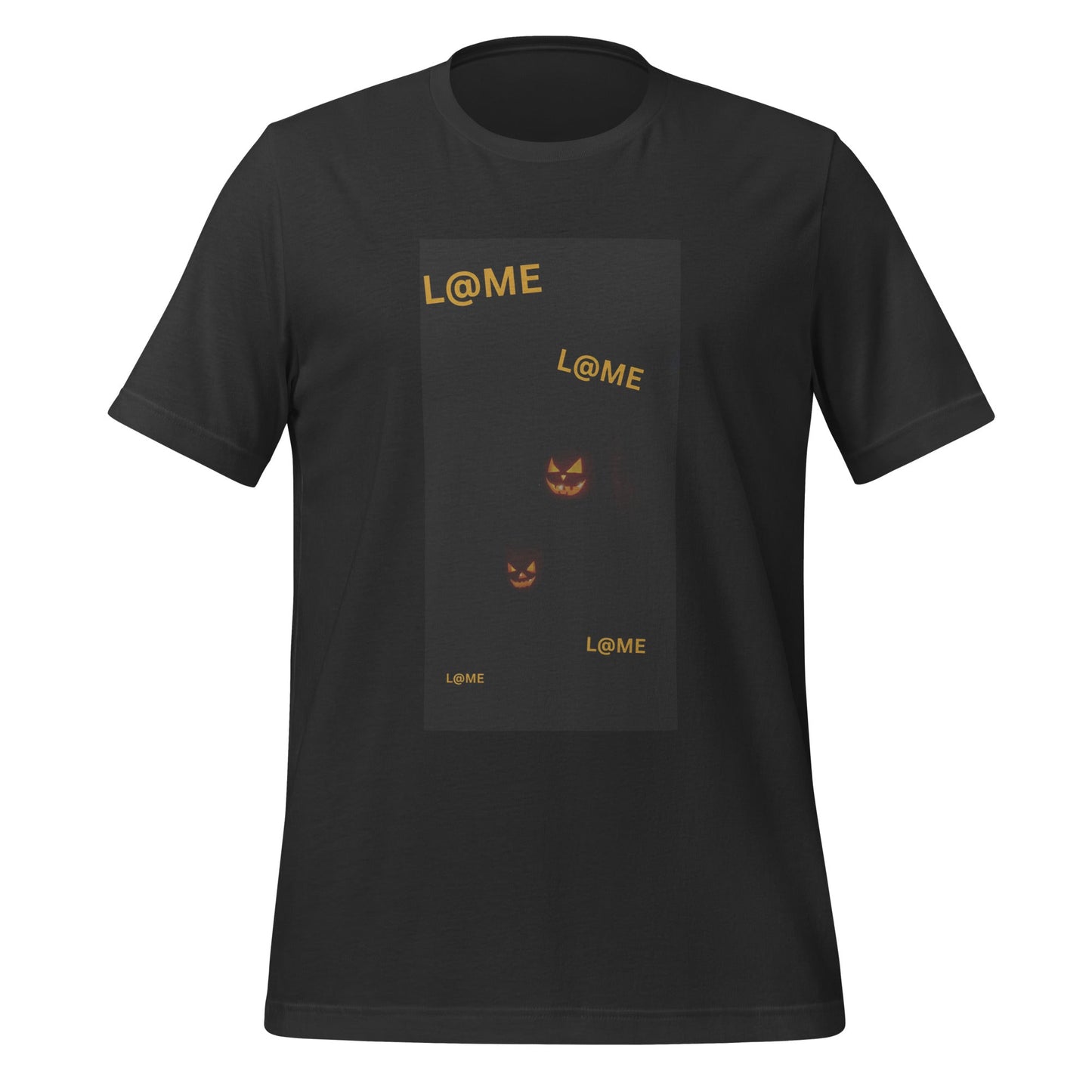 Black Halloween tee with subtle orange pumpkin faces on a dark background.