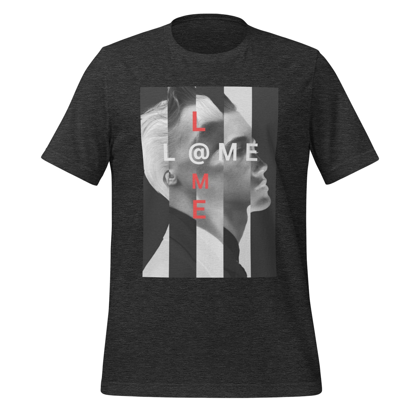 A black tee featuring bold white stripes and red text accents on a minimalist design.