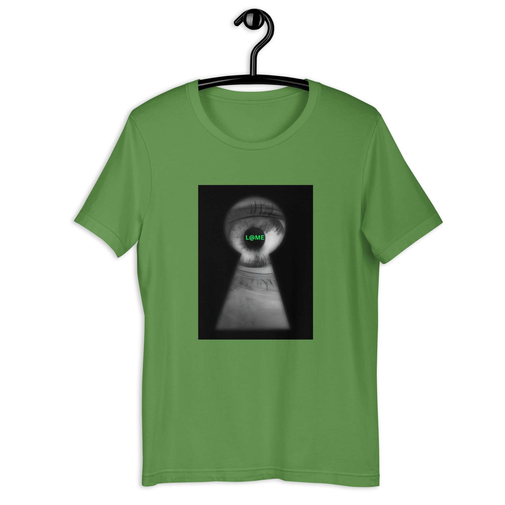 Black graphic tee with a surreal keyhole design and relaxed unisex fit made of cotton.