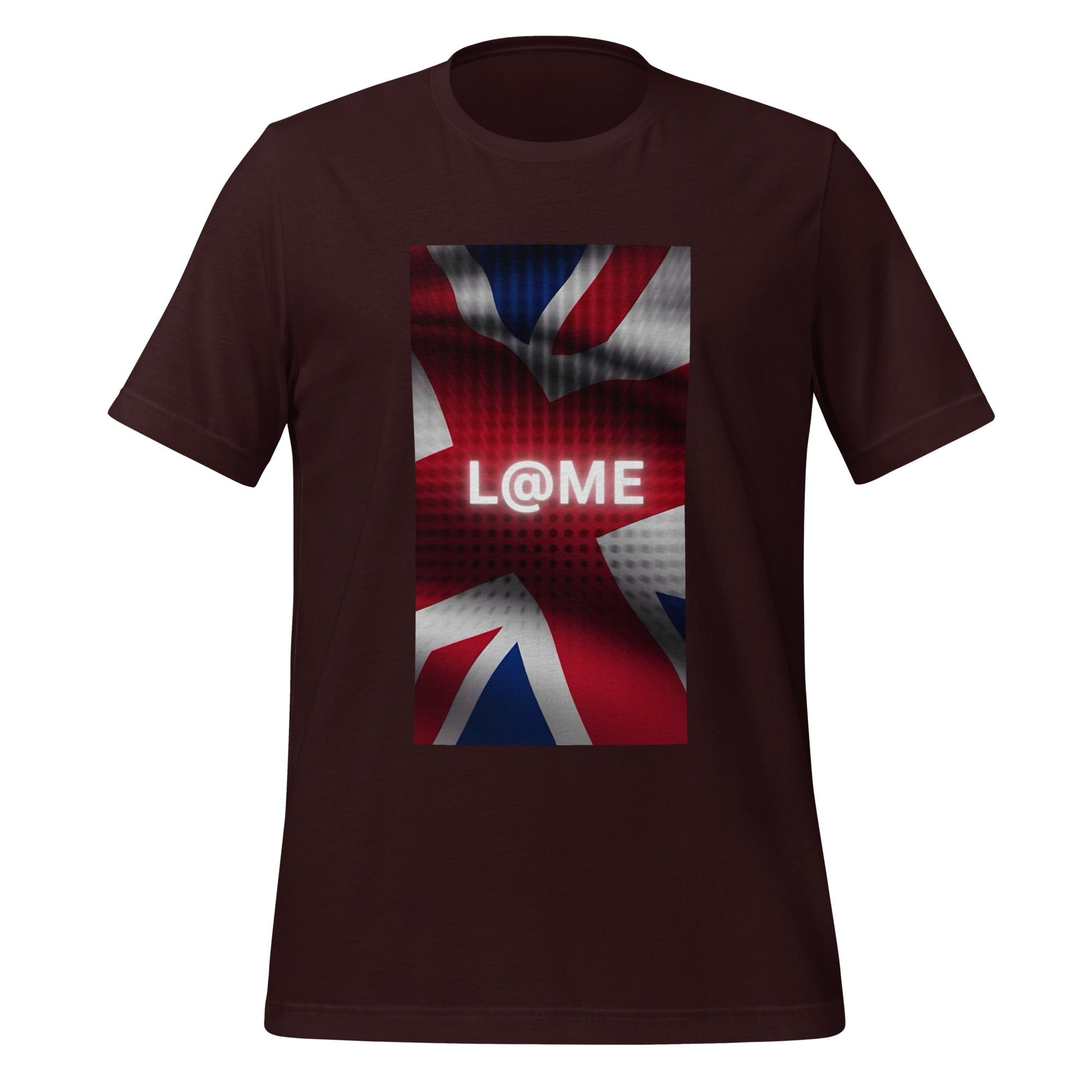 Red, white, and blue Union Jack graphic tee featuring the L@ME logo on soft cotton fabric.