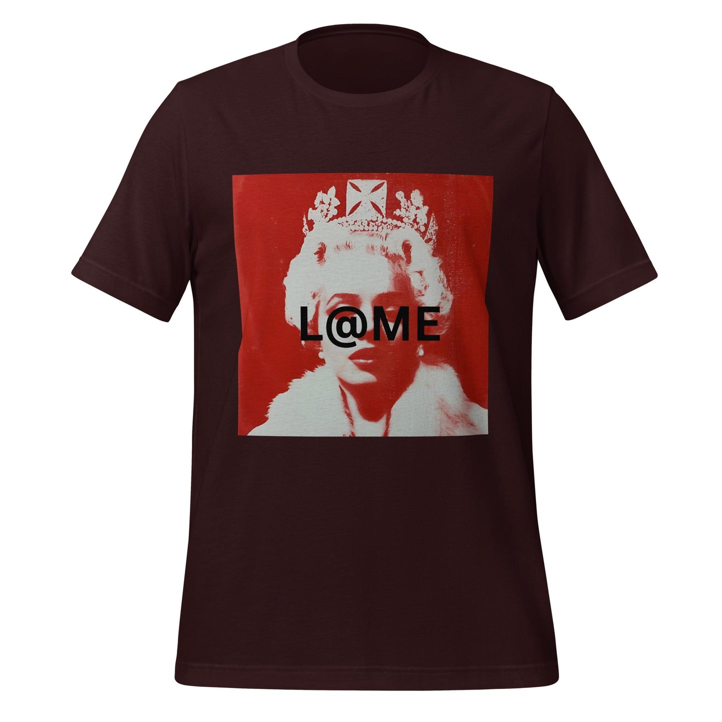 Red graphic tee with a modern street art regal figure and bold design on the front.
