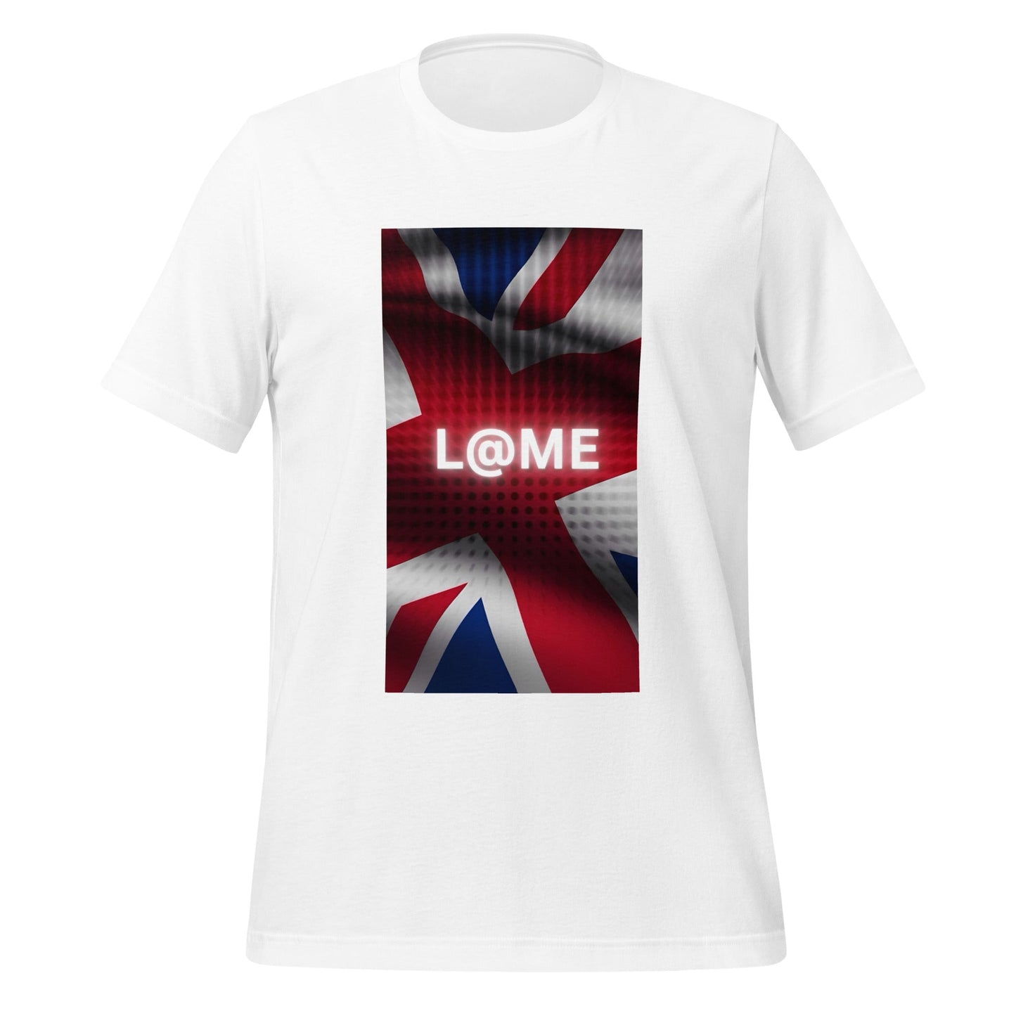 Red, white, and blue Union Jack graphic tee featuring the L@ME logo on soft cotton fabric.