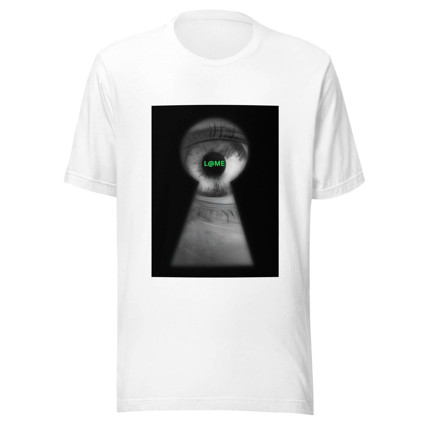Black unisex tee with a surreal keyhole graphic on the front and relaxed fit.